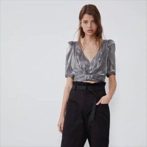 Zara Charcoal Grey Silky Silver Shimmer Cropped Blouse Top Size M